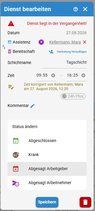 Von der Assistenz korrigierte Zeiten