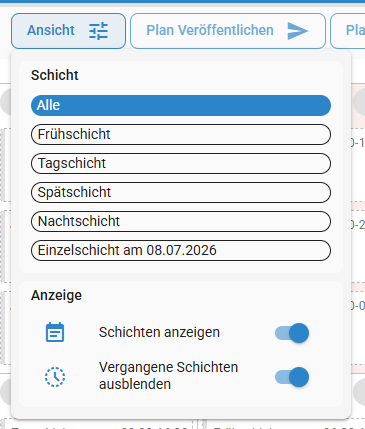 MenĂĽ Ansicht mit Schichtfilter und Anzeigeoptionen
