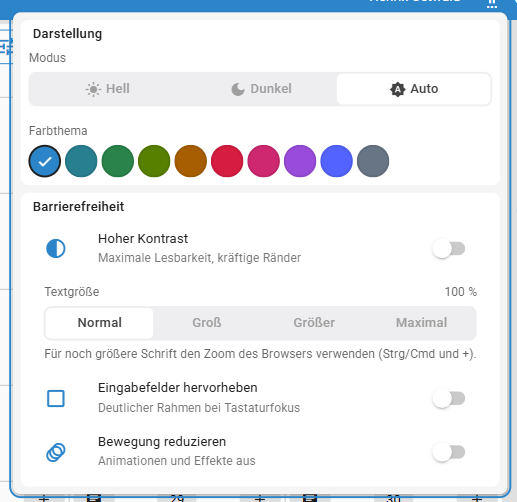 Menü Darstellung und Barrierefreiheit