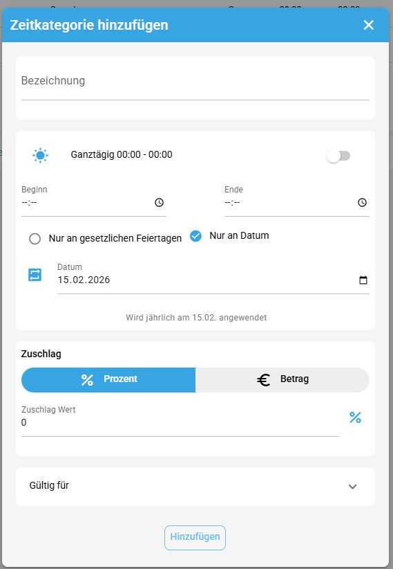 Wiederholende Zuschläge in Zeitkategorien