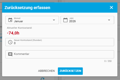 Zurücksetzung erfassen Dialog