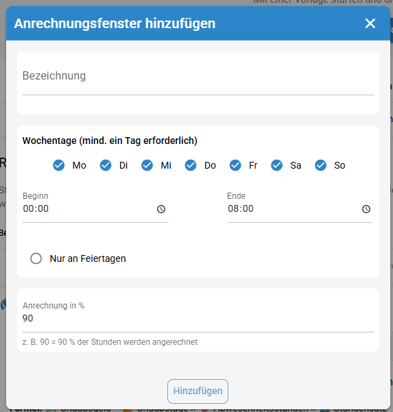Anrechnungsfenster hinzufügen