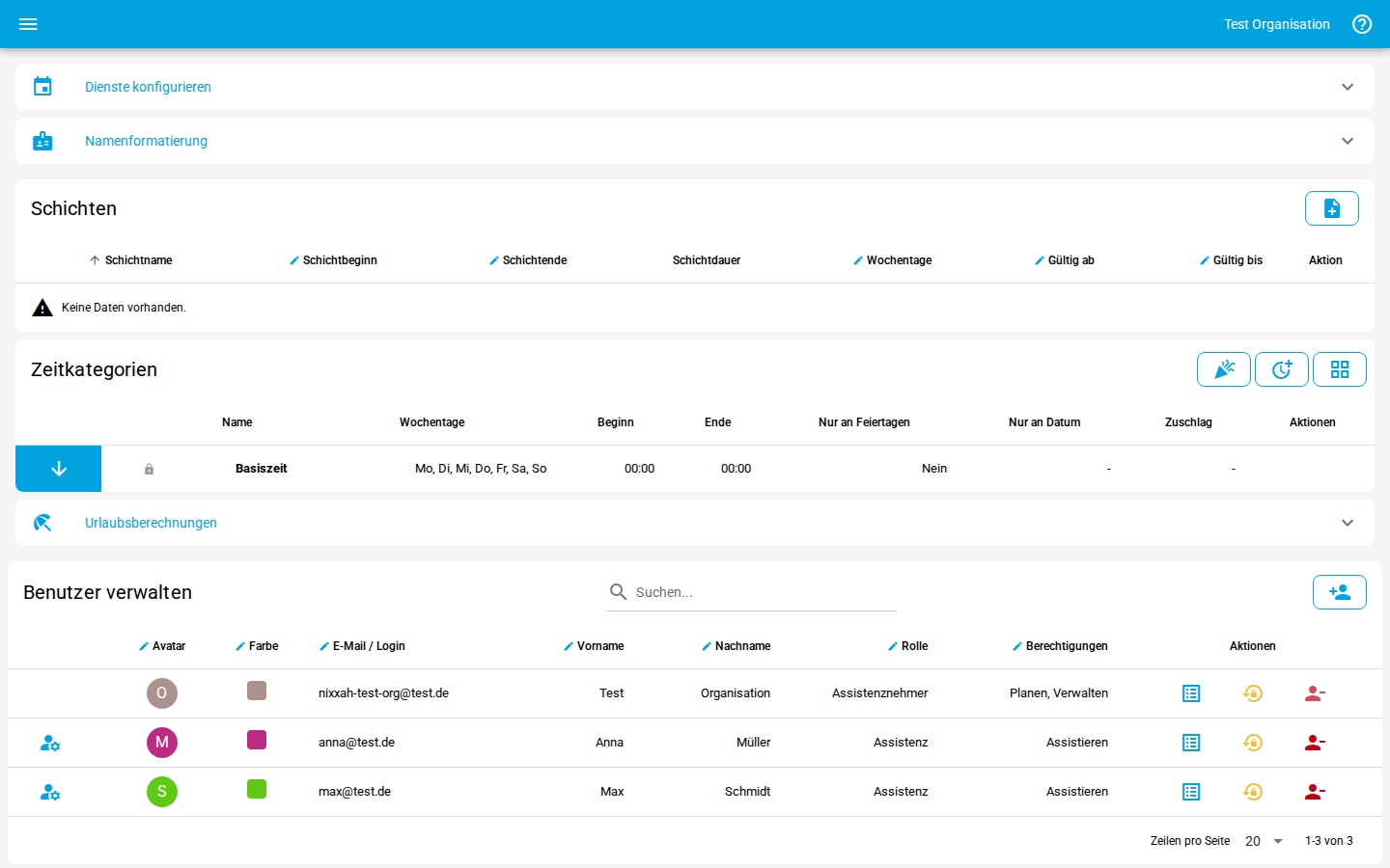 Organisationseinstellungen Übersicht