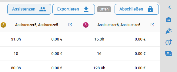 Rechte Werkzeugleiste der Monatszeit-Tabelle